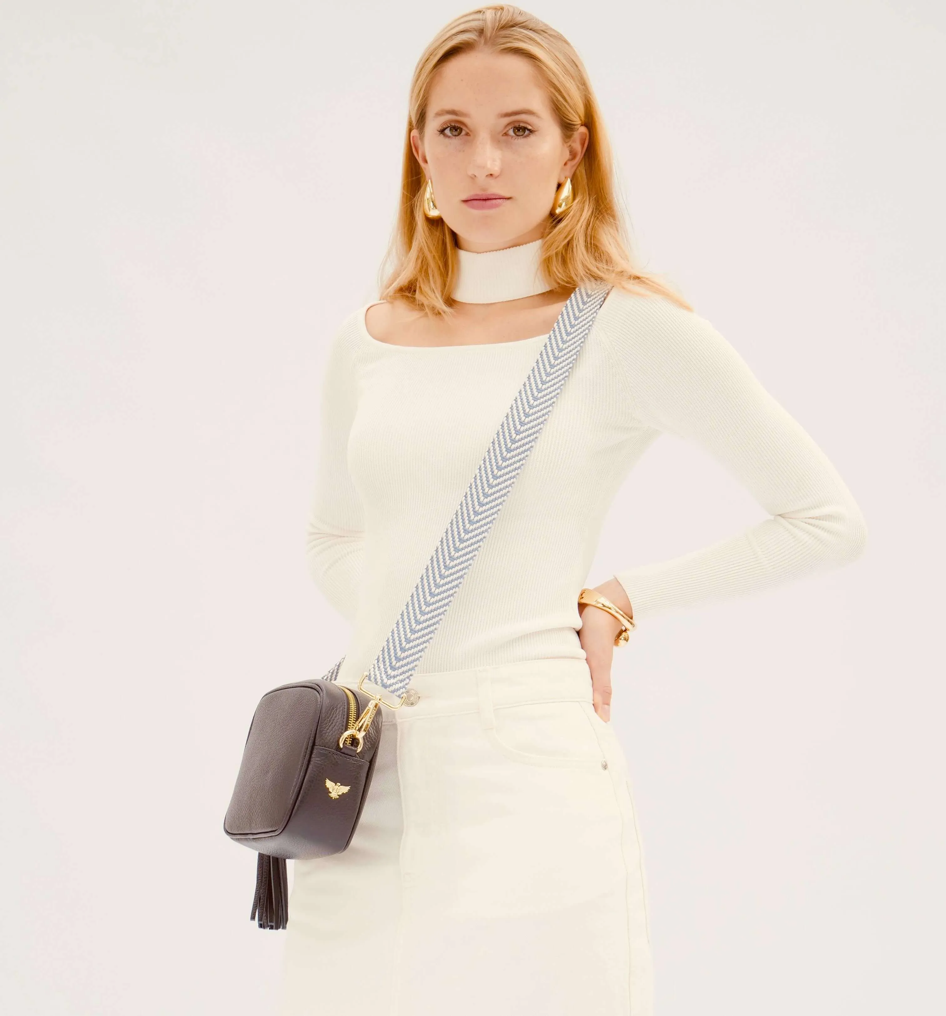 The Tassel Navy Leather Crossbody Bag With Denim Blue Chevron Strap