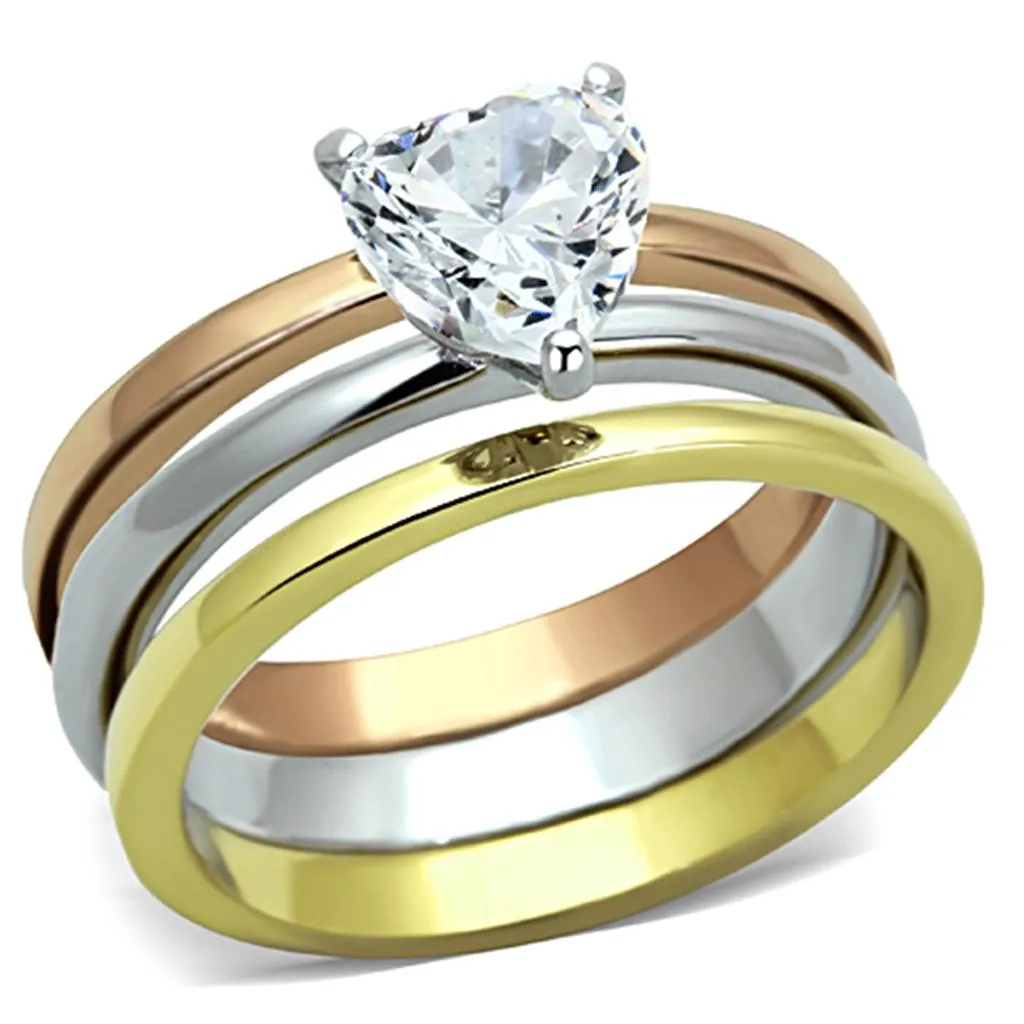 Three Tone IP Gold & IP Rose Gold & High Polished) Stainless Steel Ring with AAA Grade CZ in Clear for Women Style TK1274