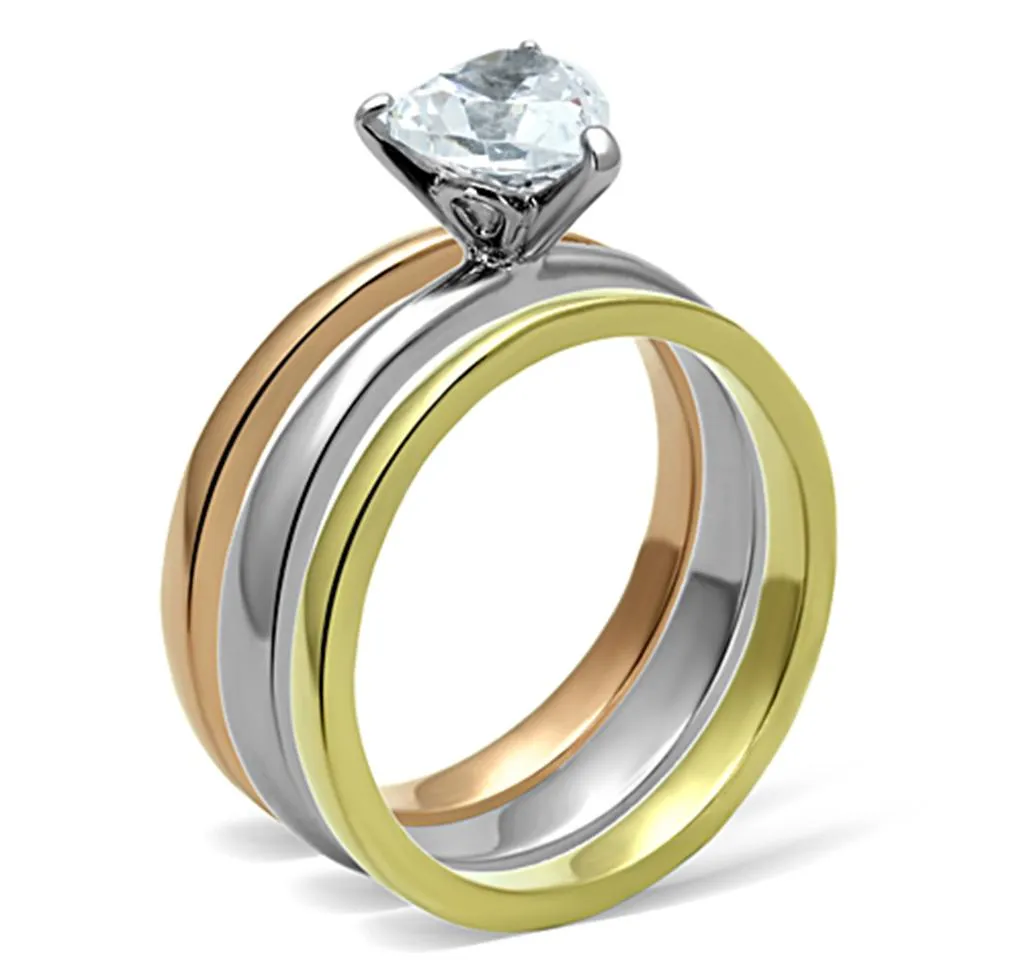 Three Tone IP Gold & IP Rose Gold & High Polished) Stainless Steel Ring with AAA Grade CZ in Clear for Women Style TK1274