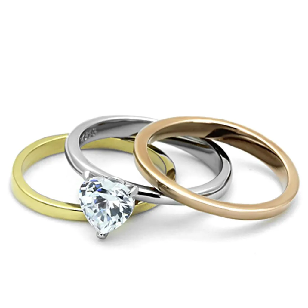 Three Tone IP Gold & IP Rose Gold & High Polished) Stainless Steel Ring with AAA Grade CZ in Clear for Women Style TK1274